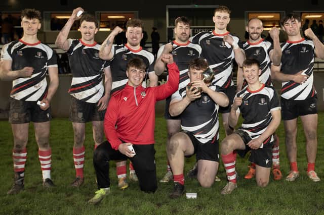 Kelso Sharks celebrating winning this year's John Laing Sevens with a 10-7 final victory against Jed-Forest A at their Poynder Park home ground (Photo: Brian Sutherland)