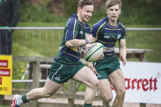 Hawick Youth's Finlay Douglas, supported by Sean McMichan, at Jed Thistle's sevens at the weekend