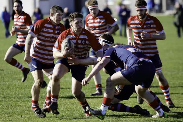 Peebles on the attack against Aberdeen Grammar on Saturday during the 67-14 away win that secured them secure rugby's Scottish National League Division 2 title (Photo: Stephen Mathison)