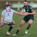 Centre Lee Armstrong, making his 200th appearance for Hawick, going round Neil Armstrong during the Greens's 26-16 win at home at Mansfield Park to Edinburgh Academical on Saturday in rugby's Scottish Premiership (Photo: Brian Sutherland)
