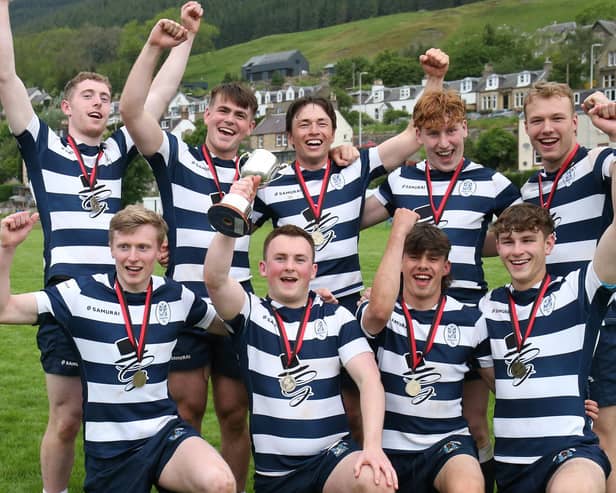 Heriot's A players celebrating winning Walkerburn Sevens on Saturday after beating Caledonian Thebans 62-0 in the final (Photo: Steve Cox)