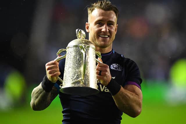 Stuart Hogg celebrating with the Calcutta Cup after his side beat England in the Six Nations yesterday (Photo by Andy Buchanan/AFP via Getty Images)