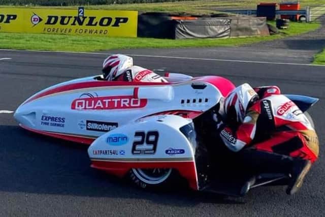 Lauder sidecar crew Steve Kershaw and Ryan Charlwood at Knockhill for the Jock Taylor Trophy race commemorating the Scottish sidecar world champion (Pic: Steve Kershaw/Colvin Denholm)