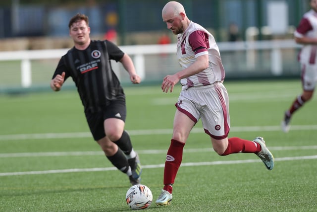Josh Loftus on the ball during Langlee Amateurs' 4-1 victory at home to Duns Amateurs at Netherdale on Saturday to go back to the top of the Border Amateur Football Association's A division (Photo: Brian Sutherland)