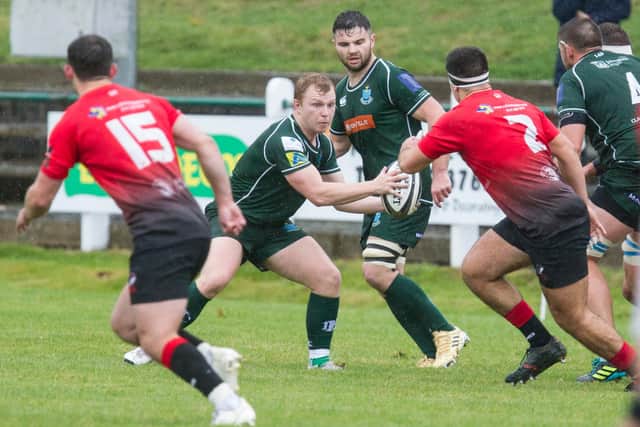 Man-of-the-match Gareth Welsh on the ball for Hawick, with Stuart Graham in support, against Glasgow Hawks (Pic: Bill McBurnie)