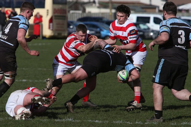 South of Scotland getting a tackle in during their 27-25 win against Glasgow and the West in rugby's national inter-district championship at Kelso's Poynder Park on Saturday (Photo: Steve Cox)