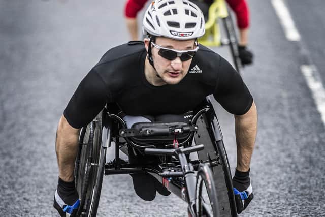 Sean Frame taking part in Sunday's Jed Renilson wheelchair race from Bonjedward, via Crailing, to Mounthooly (Pic: Bill McBurnie)