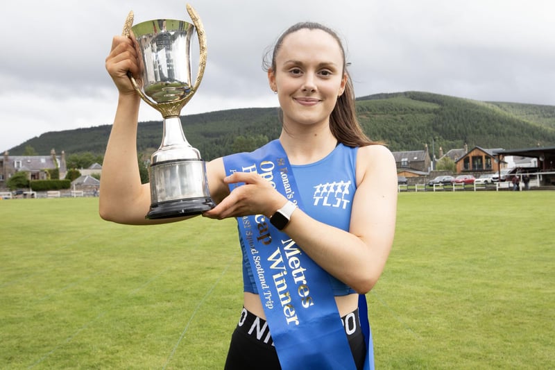 Natasha Turnbull, of Peebles, with her cup for winning the 100m open at 2023's St Ronan's Border Games on Saturday in 10.52 seconds, from a mark of 23m