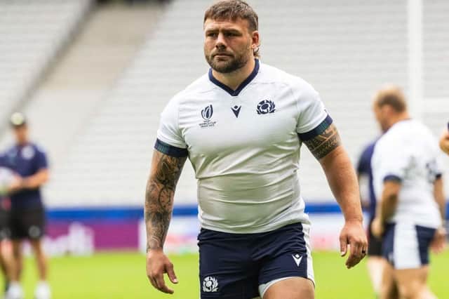 Scotland loosehead prop Rory Sutherland during a training session at the Pierre-Mauroy stadium in Villeneuve-d'Ascq, near Lille in northern France, at the end of last month (Photo by Sameer Al-Doumy/AFP via Getty Images)