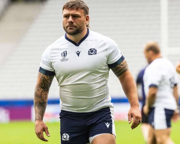 Scotland loosehead prop Rory Sutherland during a training session at the Pierre-Mauroy stadium in Villeneuve-d'Ascq, near Lille in northern France, at the end of last month (Photo by Sameer Al-Doumy/AFP via Getty Images)