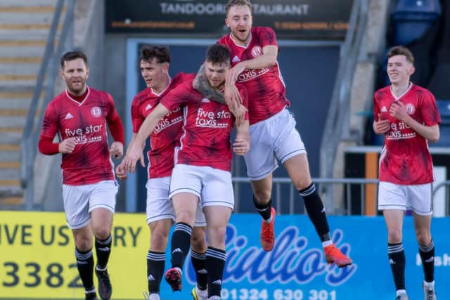 Gala Fairydean Rovers players celebrating Ciaren Chalmers' winning goal against East Stirlingshire at the Falkirk Stadium (Photo: Thomas Brown)