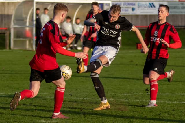 Daryl Healy getting a shot away for Gala Fairydean Rovers against Dalbeattie Star at the Islecroft Stadium on Saturday (Photo: Thomas Brown)