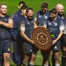 Selkirk players celebrating winning the Bill McLaren Shield for the first time in its 12-year history by beating Musselburgh 29-19 away in rugby's Scottish Premiership on Saturday (Photo: John Durham)