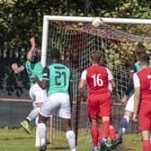 Gala player/manager Martin 'Jimmy' Scott's header hits the bar during Saturday's cup match at Kinnoull (Pics by Thomas Brown)