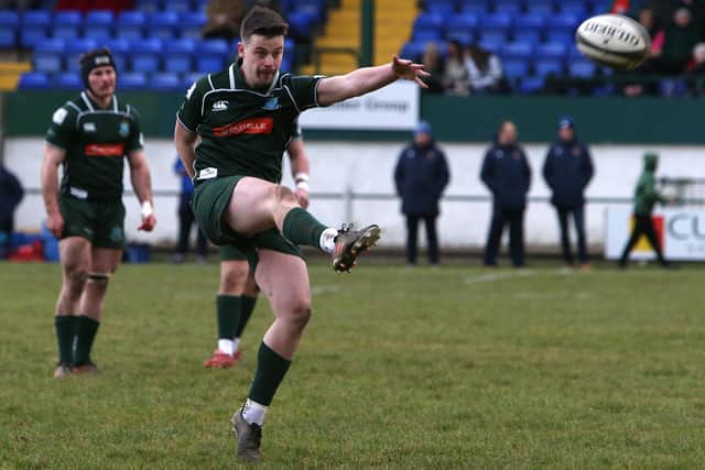 Kirk Ford kicking for Hawick against Jed-Forest at the weekend (Pic: Steve Cox)