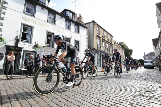 Kelso rider Oscar Onley, racing with Team DSM, second from left, arriving in his home-town during last year's Tour of Britain (Photo: Scottish Borders Council)