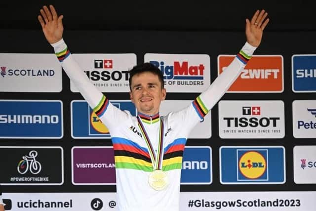 Great Britain's Tom Pidcock celebrating winning gold in the men's elite cross-country Olympic mountain bike race during this summer's UCI world championships at Glentress Forest on Saturday (Photo by Oli Scarff/AFP via Getty Images)
