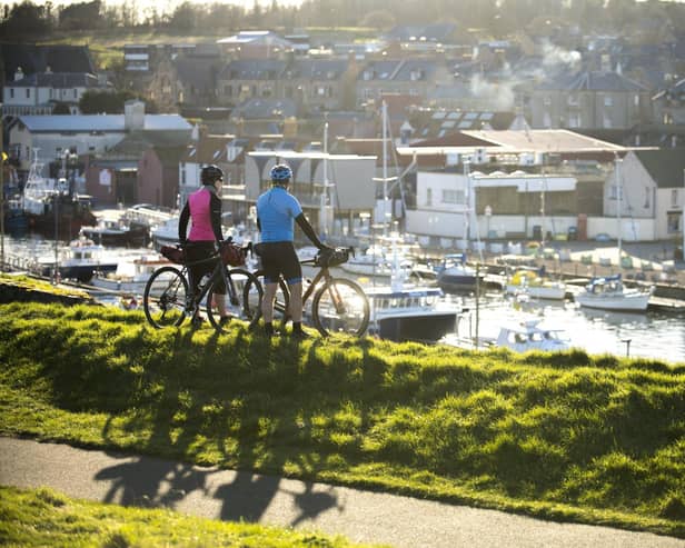 The route takes cyclists from Stranraer in the west to Eyemouth harbour in the east. Photo: Clacks Active