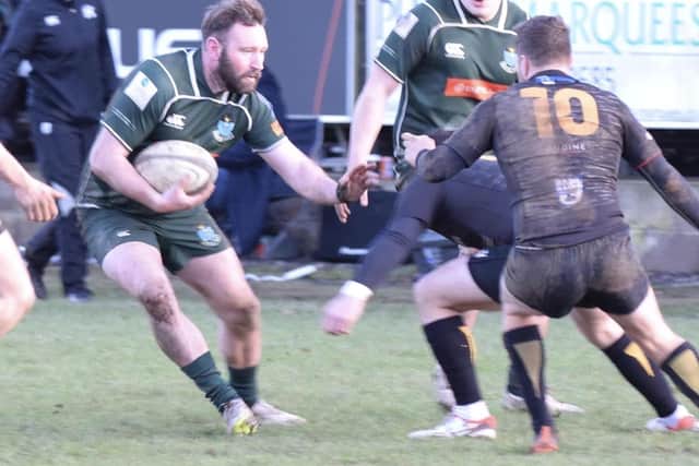 Lee Armstrong on the ball during Hawick's 24-24 draw at Currie Chieftains on Saturday (Photo: Malcolm Grant)
