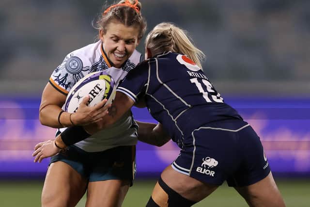 Chloe Rollie tackling Georgina Friedrichs during a 38-31 WXV Global Series defeat for Scotland away to Australia in Canberra last Friday (Photo: Matt King/Getty Images)