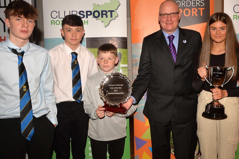 Hawick Boxing Club were named club of the year ClubSport Roxburgh's 2023 award night in Kelso on Friday and fighter Liam Rutherford, second from left, picked up a special achievement accolade