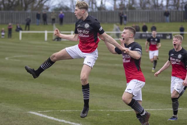 Defender Ciaran Greene celebrating equalising for Gala Fairydean Rovers versus Linlithgow Rose to take Sunday's cup final to penalties (Pic: Thomas Brown)
