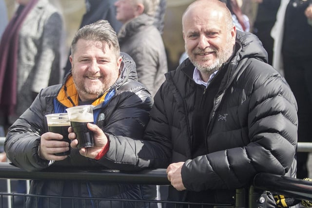Ian Marshall and Marc Warris enjoying a pint at Melrose Sevens on Saturday