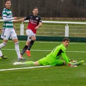 Captain Danny Galbraith scoring past visiting goalkeeper Josh Clarke during Gala Fairydean Rovers' 4-3 loss at home to Celtic B at Netherdale Stadium on Saturday (Photo: Thomas Brown)