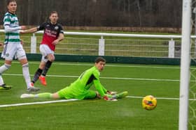Captain Danny Galbraith scoring past visiting goalkeeper Josh Clarke during Gala Fairydean Rovers' 4-3 loss at home to Celtic B at Netherdale Stadium on Saturday (Photo: Thomas Brown)