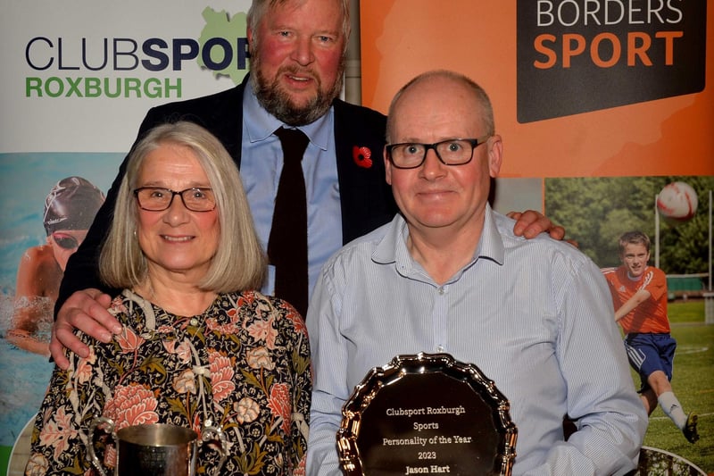 Hawick's Helen and Rodger Hart representing their jockey son Jason at.ClubSport Roxburgh's 2023 award night in Kelso on Friday. They were given his sports personality of the year by Hawick and Denholm councillor Neil Richards