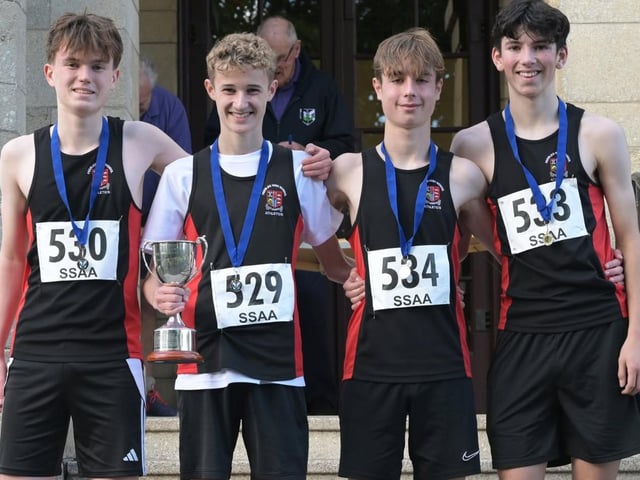 From left, Peebles High School’s Lewis Riddell, Jack Foley, Rory Pretswell and Callum Peebles at 2026’s Scottish Schools Athletics Association road-race championships, held in Fife this month (Photo: Neil Renton)