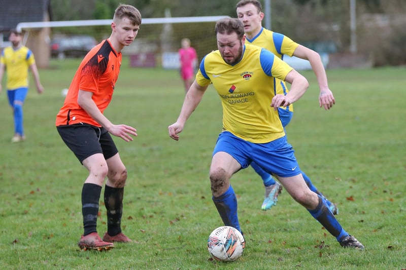 Euan Armstrong in possession for Ancrum during their 5-2 win at home to Hawick United in the first round of this year's Beveridge Cup (Photo: Brian Sutherland)