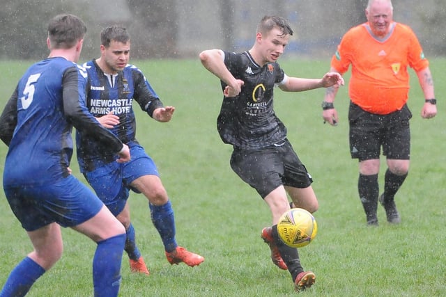 Hawick United in possession during their 11-1 win at home at Wilton Lodge Park on Saturday to Coldstream Amateurs in the Border Amateur Football Association's B division (Photo: Grant Kinghorn)