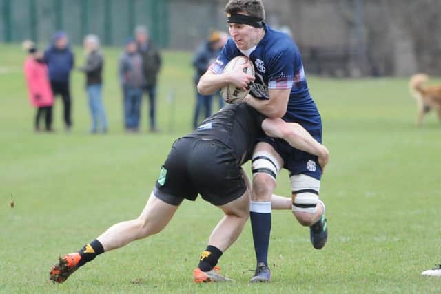 Selkirk's Andrew McColm being tackled at Currie Chieftains on Saturday (Pic: Grant Kinghorn)