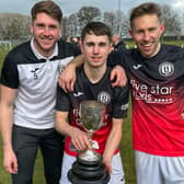 Gareth Rodger (left) and Danny Galbraith (right) pictured with team-mate Quinn Mitchell after winning last season's East of Scotland Cup (Pic Thomas Brown)