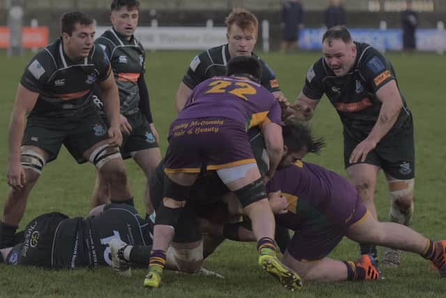Hawick captain Shawn Muir being tackled during his side's 21-15 win at home to Marr at Mansfield Park in rugby's Scottish Premiership on Saturday (Photo: Malcolm Grant)