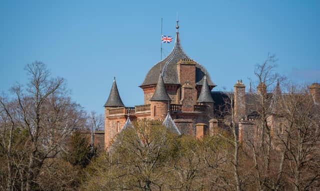 Thirlestane Castle, where the Queen and Prince Philip stayed during their visits to the Borders, flies at half staff this afternoon. Photo: Phil Wilkinson.