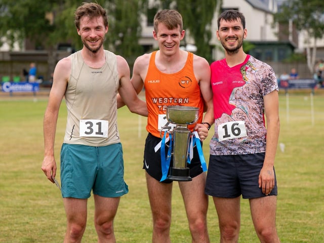 From left, Calum Fisher, Peter Molloy and Thomas Laraia after finishing second, first and third in Saturday’s 2026 Lee Pen hill-race at Innerleithen (Photo: Magdalena Banka)