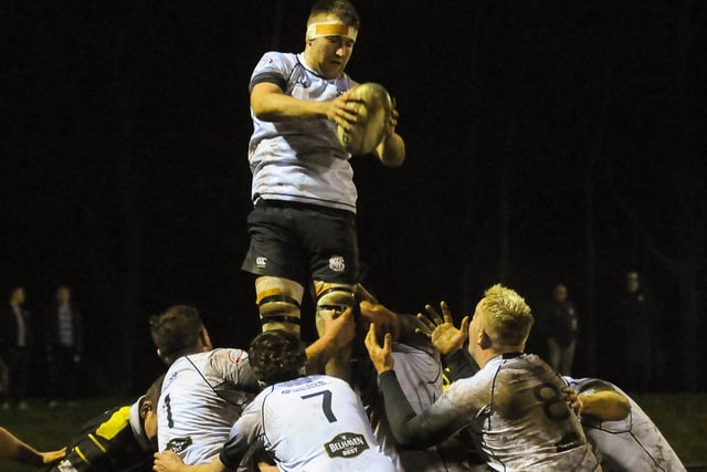 Andrew McColm catching a lineout ball during Selkirk's 24-20 Border League loss at home at Philiphaugh to Melrose on Friday (Photo: Grant Kinghorn)