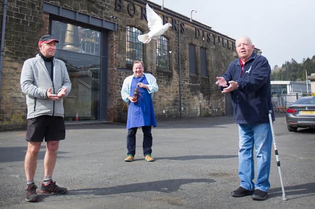 Enthusiasts celebrated the start of a new season of pigeon racing earlier this year, including Borders Distillery founder and director John Fordyce, with Borders Federation secretary Harry Keddie and president Mike Upton (picture by Bill McBurnie)