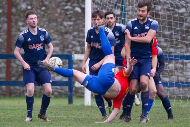 Berwick Rangers captain Tam Scobbie attempting an overhead kick against Vale of Leithen (Photo: Bill McBurnie)