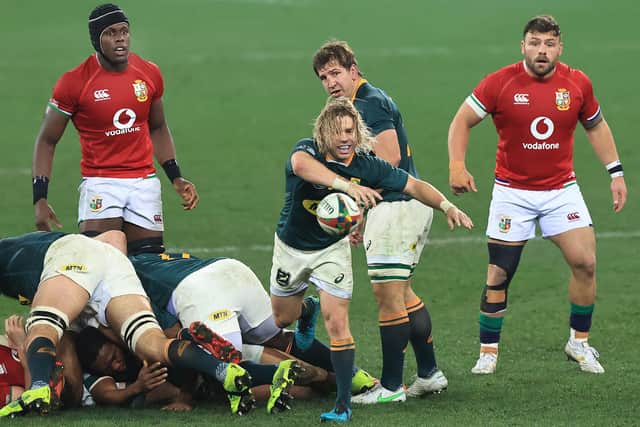Rory Sutherland, right, watching South Africa's Faf de Klerk passing the ball during their  27-9 victory over the British and Irish Lions on Saturday (Photo by David Rogers/Getty Images)