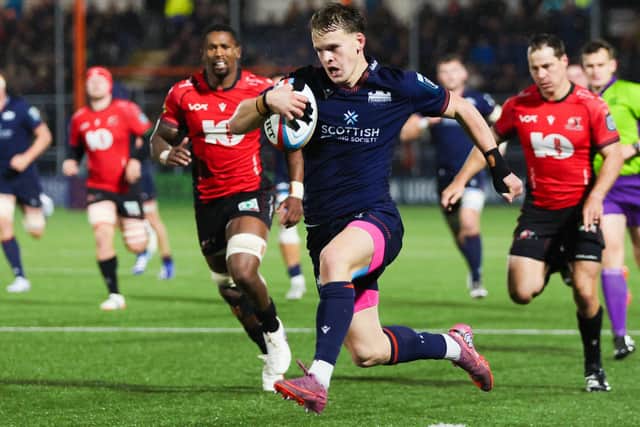 Scrum-half Hector Patterson en route to scoring one of his two tries as he helped Edinburgh to a 31-10 United Rugby Championship victory at home to South Africa’s Lions at the capital’s Hive Stadium last Friday (Photo: Ewan Bootman/SNS Group/Edinburgh)