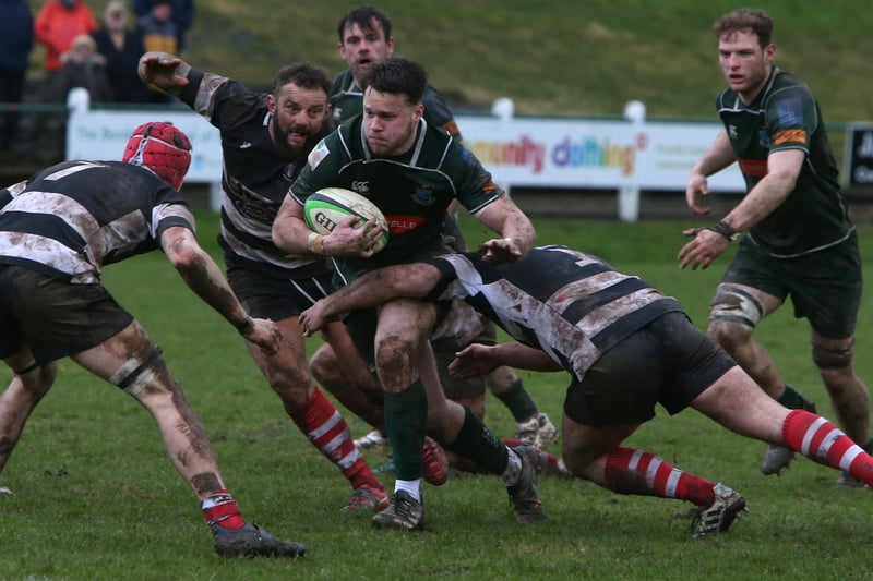 Centre Andrew Mitchell on the ball, with Shawn Muir and Fraser Wilson in support, during Hawick's 25-9 win against Kelso at home at Mansfield Park on Saturday in this year's Scottish Premiership semi-final play-offs (Photo: Steve Cox)
