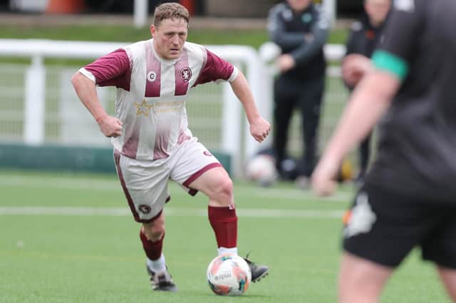 Des Sutherland on the ball during Langlee Amateurs' 4-1 South of Scotland Amateur Cup semi-final win versus Greenlaw at Netherdale in Galashiels on Saturday (Photo: Brian Sutherland)