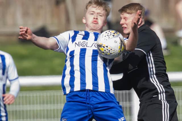 Gala Fairydean Rovers defender Callum Hall challenging for a ball against Broomhill on Saturday (Photo: Bill McBurnie)