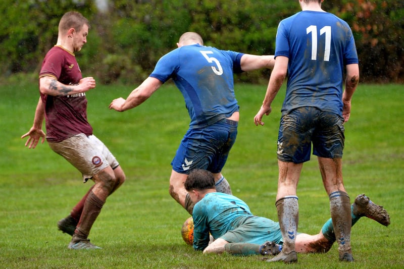Leithen Rovers on the attack during their 3-0 win at home to Eyemouth United Amateurs at Victoria Park on Saturday in the Beveridge Cup's semi-finals (Photo: Alwyn Johnston)