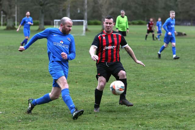 Hawick Colts goal-scorer Kevin Strathdee, right, in action against Ancrum at the weekend (Pic: Steve Cox)