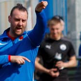 Hawick Royal Albert United manager Jordan Gracie issuing instructions to his team during their recent 9-0 defeat by Dunipace (Photo: Scott Louden)