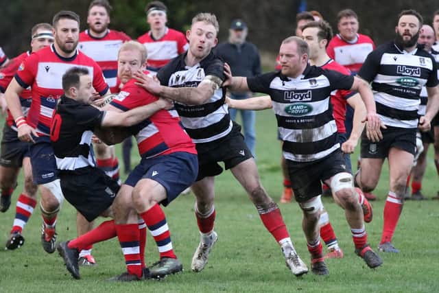 Kelso and Aberdeen Grammar vying for the ball during the Borderers' 47-10 away win on Saturday (Pic: Howard Moles)